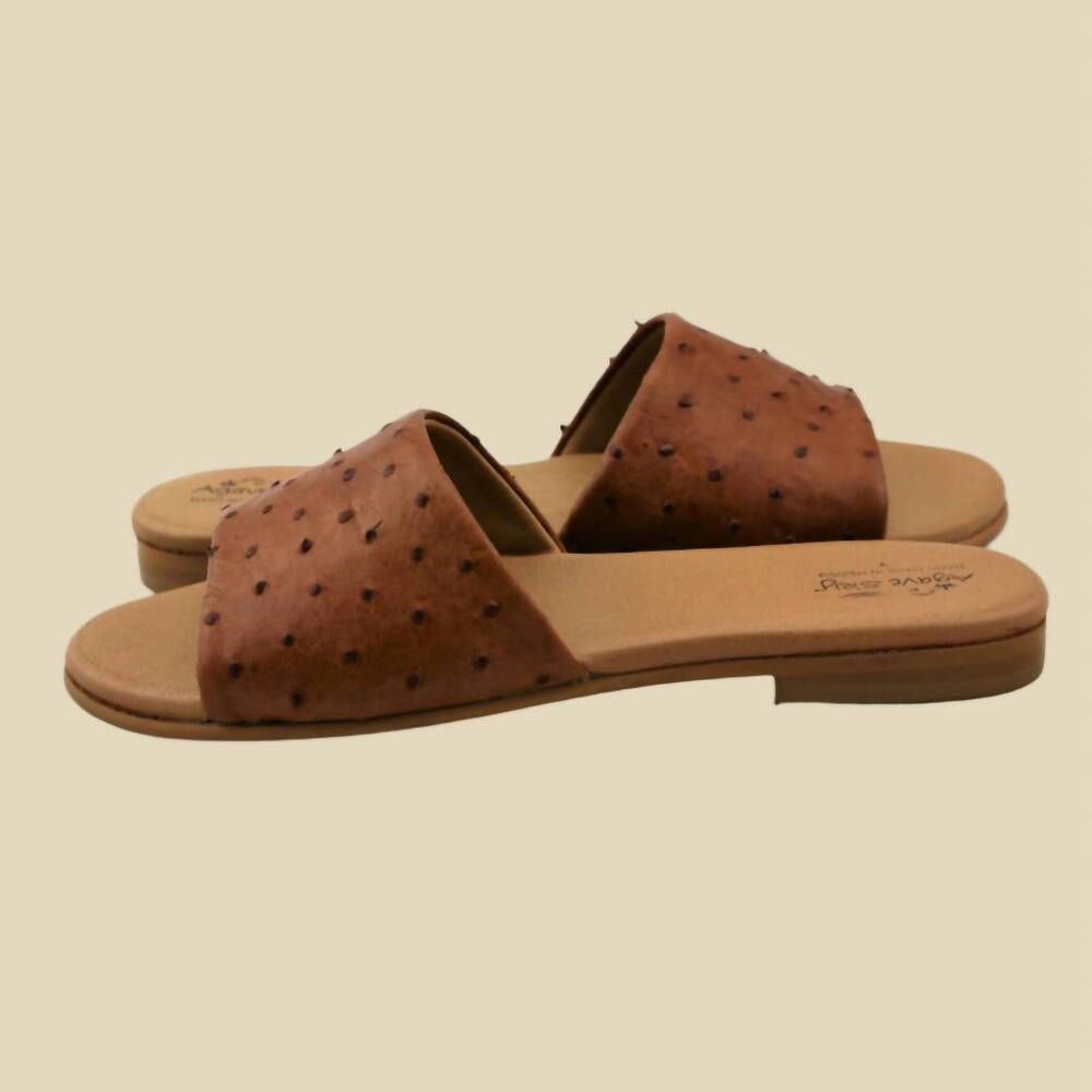 NEW AGAVE SKY women's eva ostrich slides in burnt umber